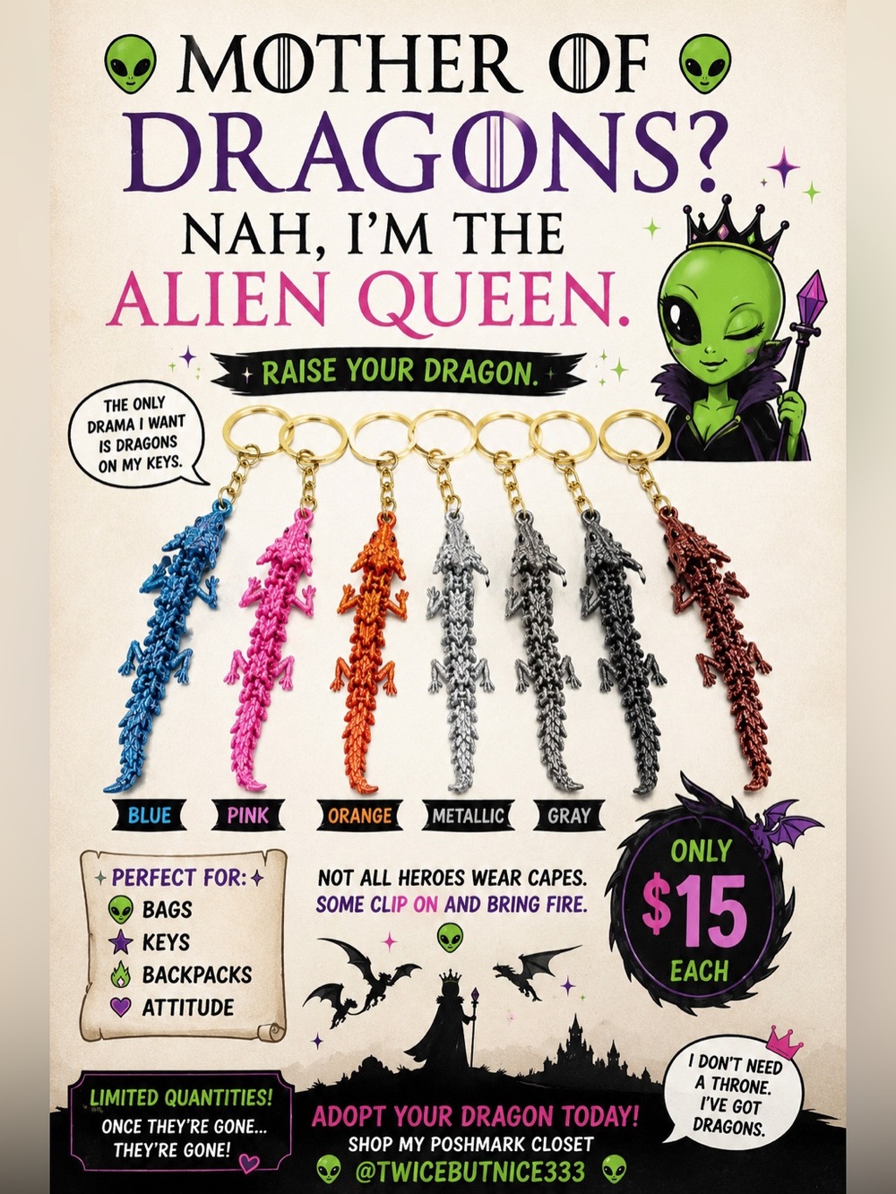 Alien Queen Dragon Keychain • Articulated Dragon Bag Charm • Fidget Keychain